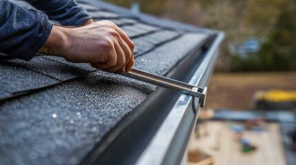 A detailed view of a person using a level to check the slope of a newly installed gutter section