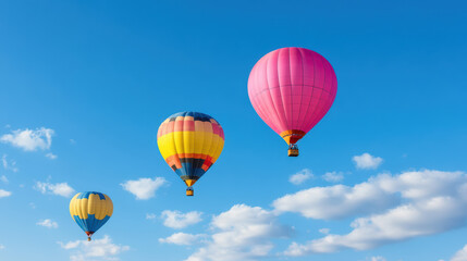 Colorful hot air balloons float in clear blue sky, creating vibrant scene of joy