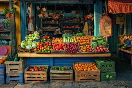 Colorful street market fruit vegetable stand, vibrant produce, sunny day, local shop
