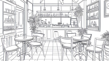 Interior sketch of a cafe, tables and chairs, bar, plants. Possible use Architectural design
