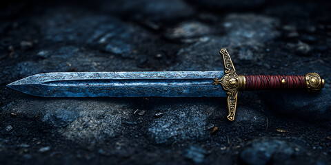 stunning sword with intricate designs and golden hilt rests on rocky surface, evoking sense of adventure and mystery