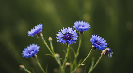 Fototapeta premium Close-Up of Delicate Blue Cornflowers Swaying in the Breeze Against a Blurred Green Background