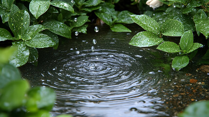 Naklejka premium Rain drops creating ripples in a garden puddle