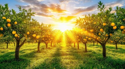 Fototapeta premium Golden Sunset in a Fruit Grove