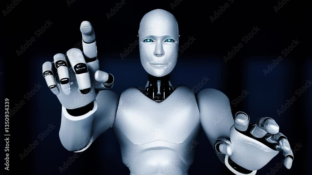 Poster ai hominoid robot touching virtual hologram screen showing concept of ai brain and artificial intell
