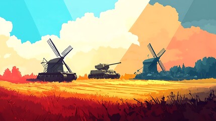 Fototapeta premium Tanks with Windmills, and Rural Landscape.