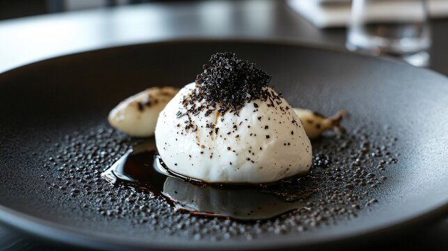 A burrata cheese dish presented on a sleek black plate, paired with black truffle shavings and a few drops of aged balsamic vinegar