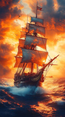 Obraz premium majestic pirate ship sails through turbulent waters dramatic sunset, with vibrant colors illuminating sky and waves crashing