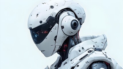 Fototapeta premium A futuristic white robot head with intricate detail and red wi is shown against a bright white background.