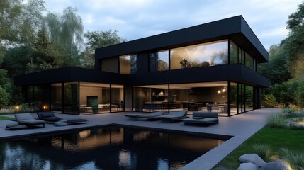Fototapeta premium Modern luxury home with pool and patio. Dark exterior, glass walls, and contemporary design. Evening view