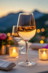 Obraz premium Elegant Evening: Wine Glass with Candlelight and Mountain View