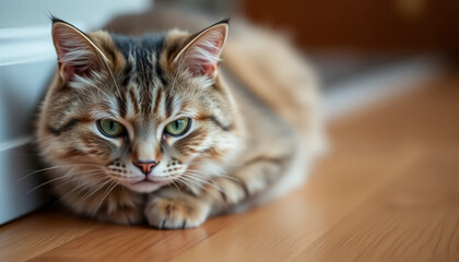 Resting Tabby Cat with Green Eyes Indoor on Wooden Floor