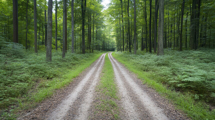 Fototapeta premium serene hiking trail winding through lush green forest, surrounded by tall trees and ferns
