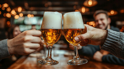 Friends toasting beer in pub.
