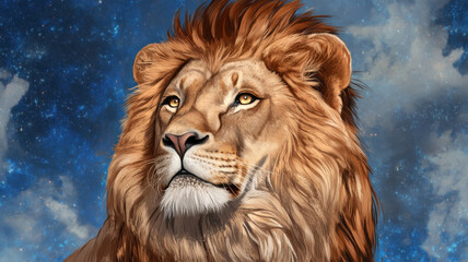 Majestic Lion Portrait Against a Starry Night Sky Background