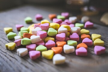 A photo of a wooden surface with a pile of colorful heart-shaped candies