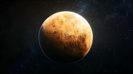 Naklejka premium A detailed realistic rende of showcases its rusty surface and the vastness of space with visible stars.