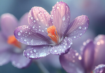 Close-Up of Purple Crocus with Water Droplets and Vibrant Orange Stamen
