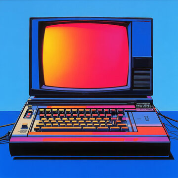 Retro vintage computer with colorful monitor display on bright blue background