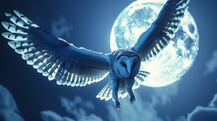 Majestic owl spreading its wings in mid flight against a full moon its feathers softly illuminated