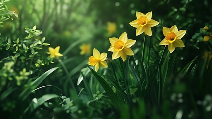 Obraz premium Yellow daffodil standing tall in a sunny garden high-resolution picture