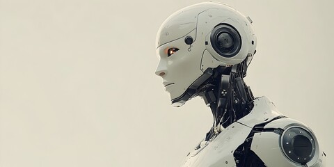 A futuristic female robot head and shoulders profile view against a neutral background shows intricate mechanical details.