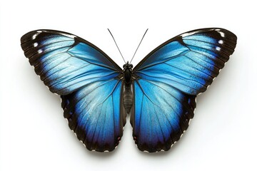 Vibrant blue butterfly, wings spread wide against a plain white background.  Detailed close-up showcasing intricate wing patterns and vibrant coloration
