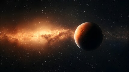 Obraz premium A stunning cosmic view reveals near the brilliant Milky Way galaxy shining with golden light and countless stars.