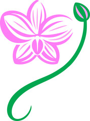 A delicate and modern illustration of an orchid flower with a flowing green stem and a budding leaf. The soft lavender petals are stylized with intricate line details, giving the design a minimalist