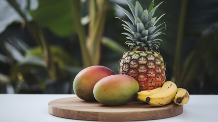 Tropical fruit platter: pineapple mango banana Fresh vibrant healthy
