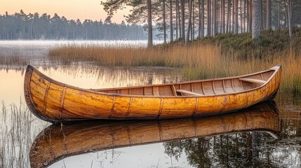 Wooden canoe on calm water with reeds and trees in sunrise light