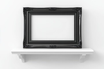 Ornate black picture frame resting on a white shelf against a white wall background in studio shot