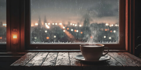 Rainy city night, warm cup of tea. Peaceful scene.