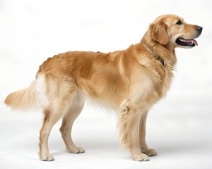 A golden retriever standing on a blank background, from the side
