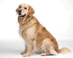 A golden retriever sitting on a blank background