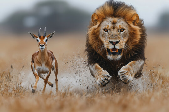 Dramatic Scene of a Lion Chasing Its Prey