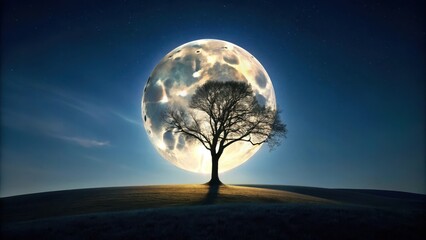 Lone Tree Silhouetted Against a Massive, Luminous Celestial Body in a Night Sky