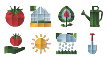 Gardening icons paper cut style vector graphics