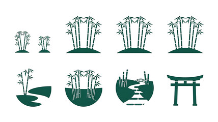 Elegant stylized illustrations of bamboo groves streams and a torii gate suitable for Asian-themed designs