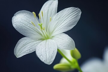 Fototapeta premium Close up of a white flower with water droplets on its petals against a dark blue background