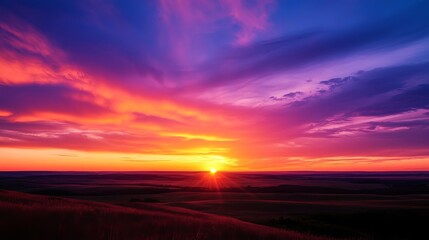 Obraz premium Vibrant Sunset Over a Serene Rural Landscape: A Symphony of Colorful Skies and Tranquil Fields