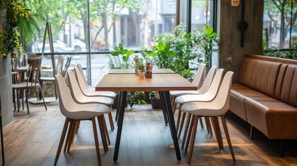 Obraz premium Modern cafe interior with tables and chairs, urban view. Potential use Stock photo