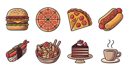 Cute cartoon food icons various fast food and desserts