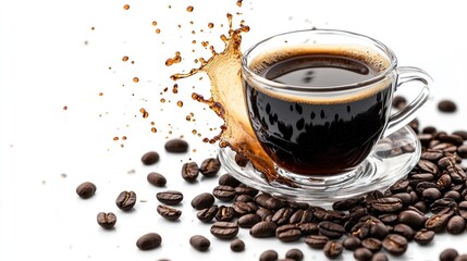 Fototapeta premium Dark Coffee Splash Glass Cup Beans Background
