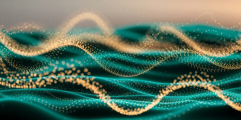 Abstract teal and gold particle wave background