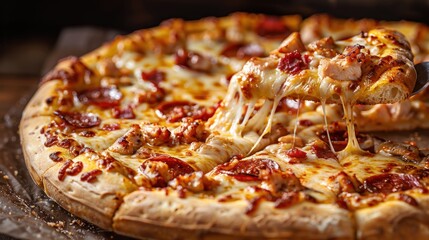 Delicious pizza slice being pulled from large pepperoni and chicken pizza on rustic table