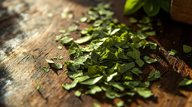 A close up of freshly crushed dried basil, its vibrant green flakes scattered on a wooden chopping board