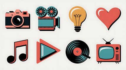 Retro media icons, vintage style.
