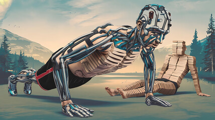 Cyborg figures in push-up pose, a surreal image of strength and technology.
