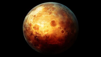 A detailed artistic rende of Venus shows its fiery orange and yellow surface texture against a black background.
